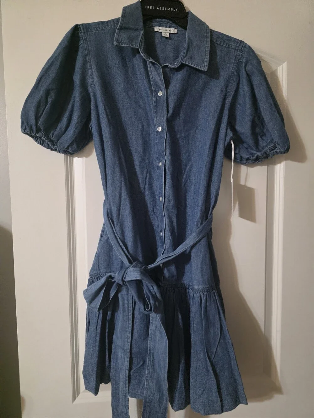 Free Assembly Denim Shirt Dress with Tie Waist - Blue - Picture 3 of 6
